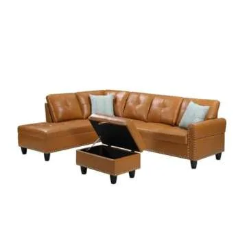 Transitional PU Faux Leather Sectional Sofa with Ottoman