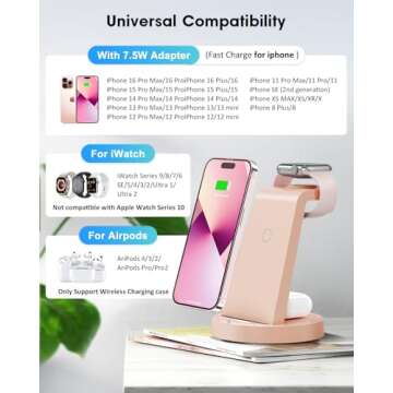 3 in 1 Charging Station for Apple Device, Wireless Charger for iPhone 16 15 14 13 12 11 Pro Max & Apple Watch iwatch- Charging Stand Dock for AirPods (Rose)