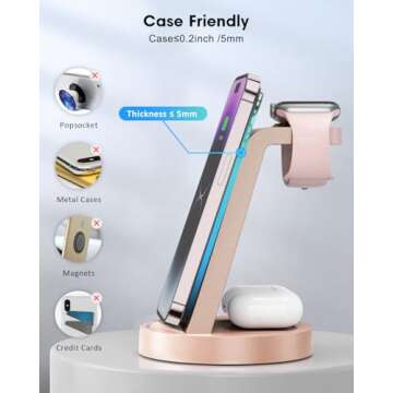 3 in 1 Charging Station for Apple Device, Wireless Charger for iPhone 16 15 14 13 12 11 Pro Max & Apple Watch iwatch- Charging Stand Dock for AirPods (Rose)