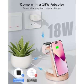 3 in 1 Charging Station for Apple Device, Wireless Charger for iPhone 16 15 14 13 12 11 Pro Max & Apple Watch iwatch- Charging Stand Dock for AirPods (Rose)