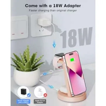 3 in 1 Charging Station for Apple Device, Wireless Charger for iPhone 16 15 14 13 12 11 Pro Max & Apple Watch iwatch- Charging Stand Dock for AirPods (Rose)