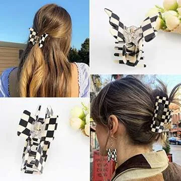 YISSION Large Checkered Vintage Girls Butterfly Hair Clips, Steady Square Claw Clips for Thin/Thick Hair, Fashion Hair Accessories