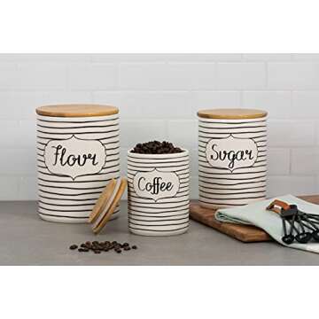 10 Strawberry Street Coffee, Sugar, Flour Kitchen Canister, 3 Piece Set, Everyday Black/White