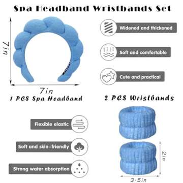 Spa Headbands for Washing Face Wristband Set Sponge Makeup Skincare Headband Wrist Towels Bubble Soft Terry Towel Cloth Hairband for Women Puffy Headwear Non Slip Thick Thin Hair Headwear (Dark blue)