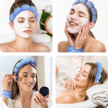 Spa Headbands for Washing Face Wristband Set Sponge Makeup Skincare Headband Wrist Towels Bubble Soft Terry Towel Cloth Hairband for Women Puffy Headwear Non Slip Thick Thin Hair Headwear (Dark blue)