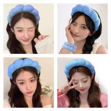 Spa Headbands for Washing Face Wristband Set Sponge Makeup Skincare Headband Wrist Towels Bubble Soft Terry Towel Cloth Hairband for Women Puffy Headwear Non Slip Thick Thin Hair Headwear (Dark blue)