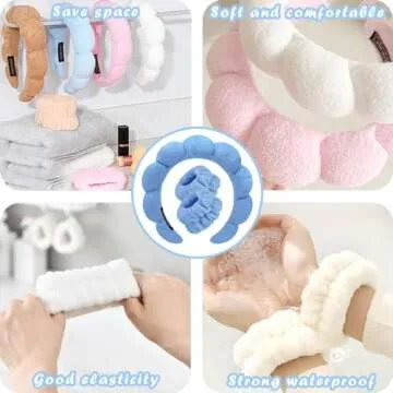Spa Headbands for Washing Face Wristband Set Sponge Makeup Skincare Headband Wrist Towels Bubble Soft Terry Towel Cloth Hairband for Women Puffy Headwear Non Slip Thick Thin Hair Headwear (Dark blue)