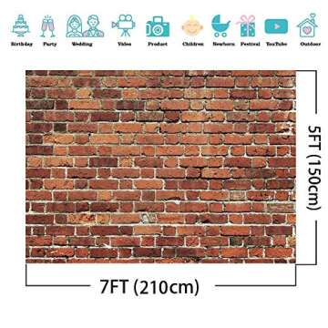 AIIKES 7x5FT Red Brick Wall Backdrop Brick Photography Backdrops Baby Birthday Party Graduation Home Decoration Background Photo Booth Studio Prop Banner 11-506