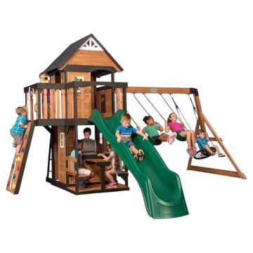 Backyard Discovery Canyon Creek Cedar Wood Swing Set with Wave Slide, Clubhouse, Play Kitchen, Picni...