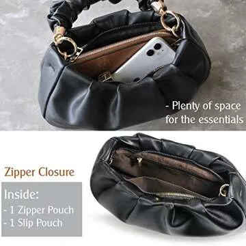 Cloud Pouch Bag Women Shoulder Handbag Soft Vegan Leather Vintage Hobo Chain Cross body Bag (Black)