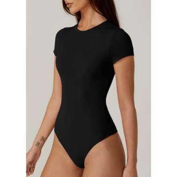 QINSEN Woman's Soft Breathable Round Neck Short Sleeve Bodysuit Top for Summer Black L