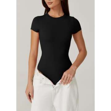 QINSEN Woman's Soft Breathable Round Neck Short Sleeve Bodysuit Top for Summer Black L