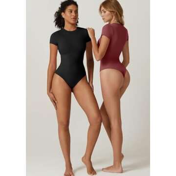 QINSEN Woman's Soft Breathable Round Neck Short Sleeve Bodysuit Top for Summer Black L