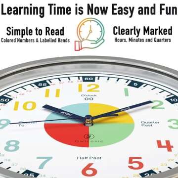 OWLCONIC Non Ticking Kids Clock for Kids Learning to Tell Time, Telling Time Teaching Clock for Kids...