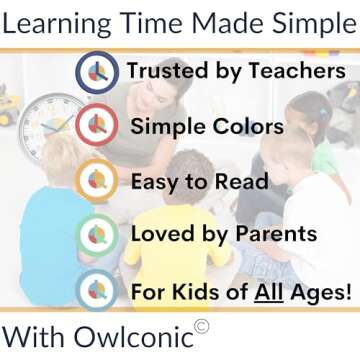 OWLCONIC Non Ticking Kids Clock for Kids Learning to Tell Time, Telling Time Teaching Clock for Kids, Wall Clock Kids, Classroom Clock, Kids Learning Clock, Silent Kids Clocks for Bedrooms.