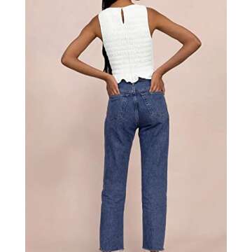 MISSACTIVER Women Casual Frill Smocked Ruffle Hem Crop Tank Top Shirred Crew Neck Sleeveless Slim Fit Solid Crop Vest Tops White