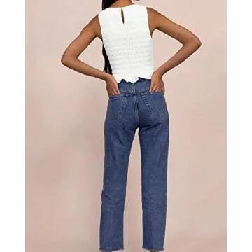 MISSACTIVER Women Casual Frill Smocked Ruffle Hem Crop Tank Top Shirred Crew Neck Sleeveless Slim Fit Solid Crop Vest Tops White