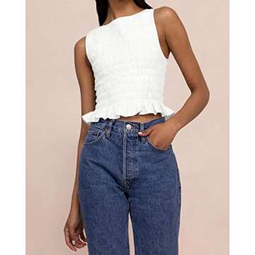MISSACTIVER Women Casual Frill Smocked Ruffle Hem Crop Tank Top Shirred Crew Neck Sleeveless Slim Fit Solid Crop Vest Tops White