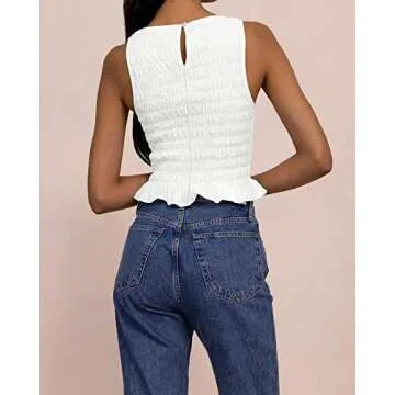 MISSACTIVER Women Casual Frill Smocked Ruffle Hem Crop Tank Top Shirred Crew Neck Sleeveless Slim Fit Solid Crop Vest Tops White