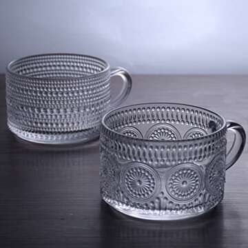 AISTON 14oz Personalized Stackable Coffee Mugs with Handle -Clear Vintage Embossed Coffee Cups, Tea Cups for for Latte, Espresso - Gift (Clear- embossed sunflower)