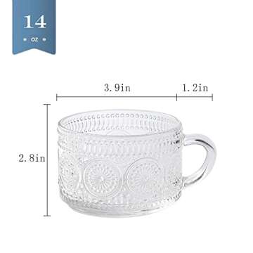 AISTON 14oz Personalized Stackable Coffee Mugs with Handle -Clear Vintage Embossed Coffee Cups, Tea Cups for for Latte, Espresso - Gift (Clear- embossed sunflower)