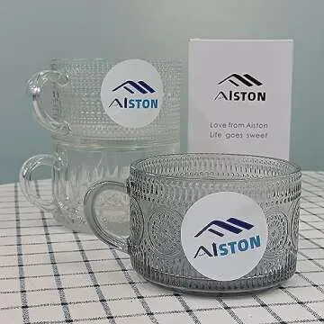 AISTON 14oz Personalized Stackable Coffee Mugs with Handle -Clear Vintage Embossed Coffee Cups, Tea Cups for for Latte, Espresso - Gift (Clear- embossed sunflower)