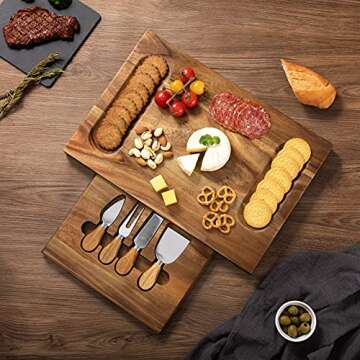 HBlife Cheese Board & Knife Set Acacia Charcuterie Board 11x16 Inch Cheese Platter with 4 Stainless Steel Knife Charcuterie Platter House Warming Gift & Perfect Choice for Christmas Thanksgiving