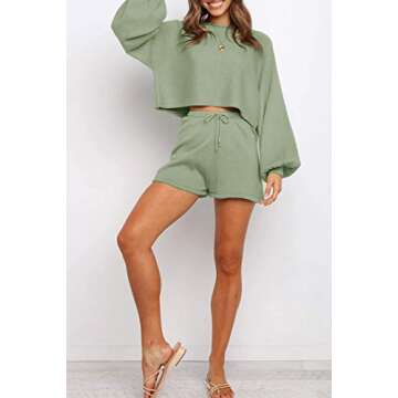 ZESICA Women's Casual Long Sleeve Solid Color Knit Pullover Sweatsuit 2 Piece Short Sweater Outfits Sets,Green,Small