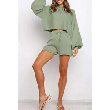 ZESICA Women's Casual Long Sleeve Solid Color Knit Pullover Sweatsuit 2 Piece Short Sweater Outfits Sets,Green,Small