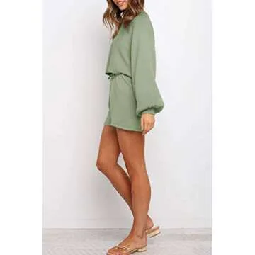 ZESICA Women's Casual Long Sleeve Solid Color Knit Pullover Sweatsuit 2 Piece Short Sweater Outfits Sets,Green,Small