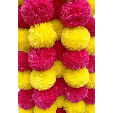 5 Pc Marigold Garland 4.5 Ft Long Strands of Artificial Marigold Flowers Diwali Decorations Home Indian Décor for Pooja Wedding Spring Bush Floral Faux Garland Día de Muertos Décor (Magenta+Yellow)