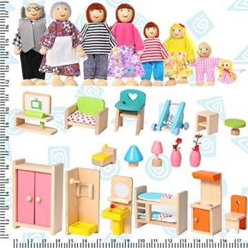 Civaner 52 Pcs Wooden Dollhouse Furniture Set Including 8 Family Dolls Miniature Doll House Accessor...