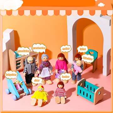 Civaner 52 Pcs Wooden Dollhouse Furniture Set Including 8 Family Dolls Miniature Doll House Accessories 1:12 Scale 5 Space Kits Bathroom Bedroom Living Room Dining Room Kitchen Gift for Christmas
