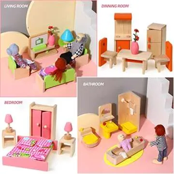 Civaner 52 Pcs Wooden Dollhouse Furniture Set Including 8 Family Dolls Miniature Doll House Accessories 1:12 Scale 5 Space Kits Bathroom Bedroom Living Room Dining Room Kitchen Gift for Christmas