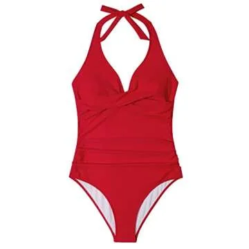 SUUKSESS Women Sexy Tummy Control One Piece Swimsuits Halter Push Up Monokini Bathing Suits (Red, L)