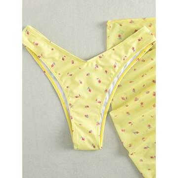 COZYEASE Women's 3 Piece Swimsuit Floral Triangle High Waisted Bikini Cute Bathing Suit with Sarong Beach Cover Up Yellow M