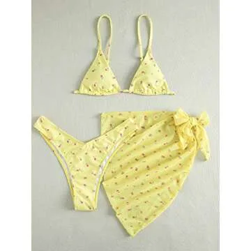 COZYEASE Women's 3 Piece Swimsuit Floral Triangle High Waisted Bikini Cute Bathing Suit with Sarong Beach Cover Up Yellow M