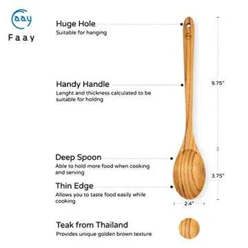 FAAY 13.5" Teak Cooking Spoon, Wooden Spoon, Mixing Spoon Handcraft from Teak | Healthy and High Moist Resistance for Non Stick Cookware