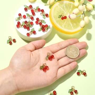 Ipotkitt 30 Pcs Red Cherry Charms Glass & Acrylic Beaded Charms Mini Cute Fruit Bead Charms for Earrings Bracelets Necklaces Jewelry Making DIY Crafts
