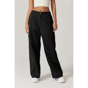 QINSEN Womens Zip Front Wide Leg Long Pants High Waist Causal Cargo Pants Cotton Pocket Palazzo Pants