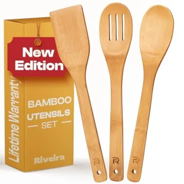 Riveira Bamboo Wooden Cooking Spoons Set - 3 Premium Utensils