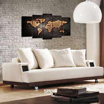 KREATIVE ARTS Retro World Map Poster Framed 5 Pcs Giclee Canvas Prints Vintage Abstract World Map Painting Printed on Canvas Ready to Hang for Living Room Office Decor Gift