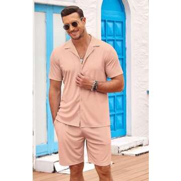 COOFANDY Mens Vacation Outfits Two Piece Set Short Sleeve Summer Camp Collar Fashion Shirts