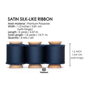 Vitalizart Navy Blue Ribbon Silk Satin 1-1/2 inch x 15 Yard Navy Blue Handmade Frayed Ribbons for Gi...