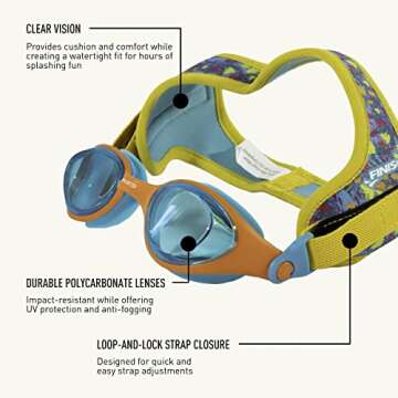 FINIS DragonFly Goggles - Kids Swim Goggles for Ages 4-12 with UV Protection, Buoyant Neoprene Strap, and Durable Lenses - PVC- and Latex-Free - Fish