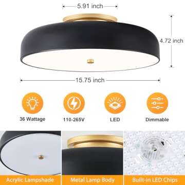 ONESMING Dimmable LED Ceiling Light Fixture, 2700K-6000K 5CCT Modern Mid-Century Semi Flush Mount Ceiling Light, Black Close to Ceiling Lamp for Bedroom, Living Room, Kitchen, Laundry Room, 15.7in