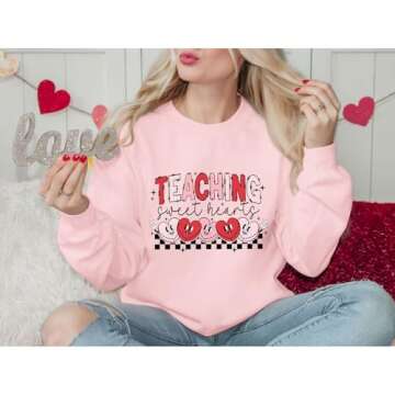 Bobeutou Valentines Day Sweatshirt Women Love Heart Graphic Teacher Valentine's Day Long Sleeve Shir...