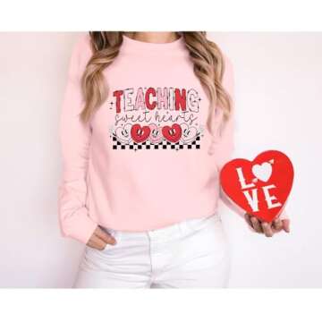 Bobeutou Valentines Day Sweatshirt Women Love Heart Graphic Teacher Valentine's Day Long Sleeve Shirt Casual Pullover Tops(Pink,L)