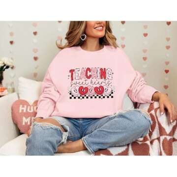 Bobeutou Valentines Day Sweatshirt Women Love Heart Graphic Teacher Valentine's Day Long Sleeve Shirt Casual Pullover Tops(Pink,L)