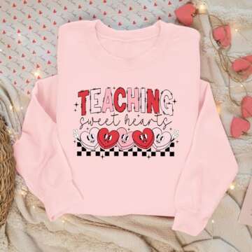 Bobeutou Valentines Day Sweatshirt Women Love Heart Graphic Teacher Valentine's Day Long Sleeve Shirt Casual Pullover Tops(Pink,L)